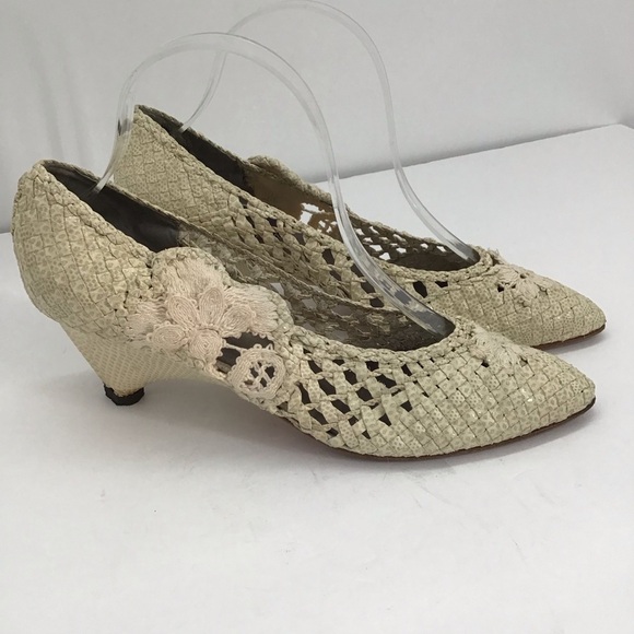 Vintage Claudio Merazzi Lace Woven Leather Heel Made In Italy Creme Size 9B - Picture 8 of 9